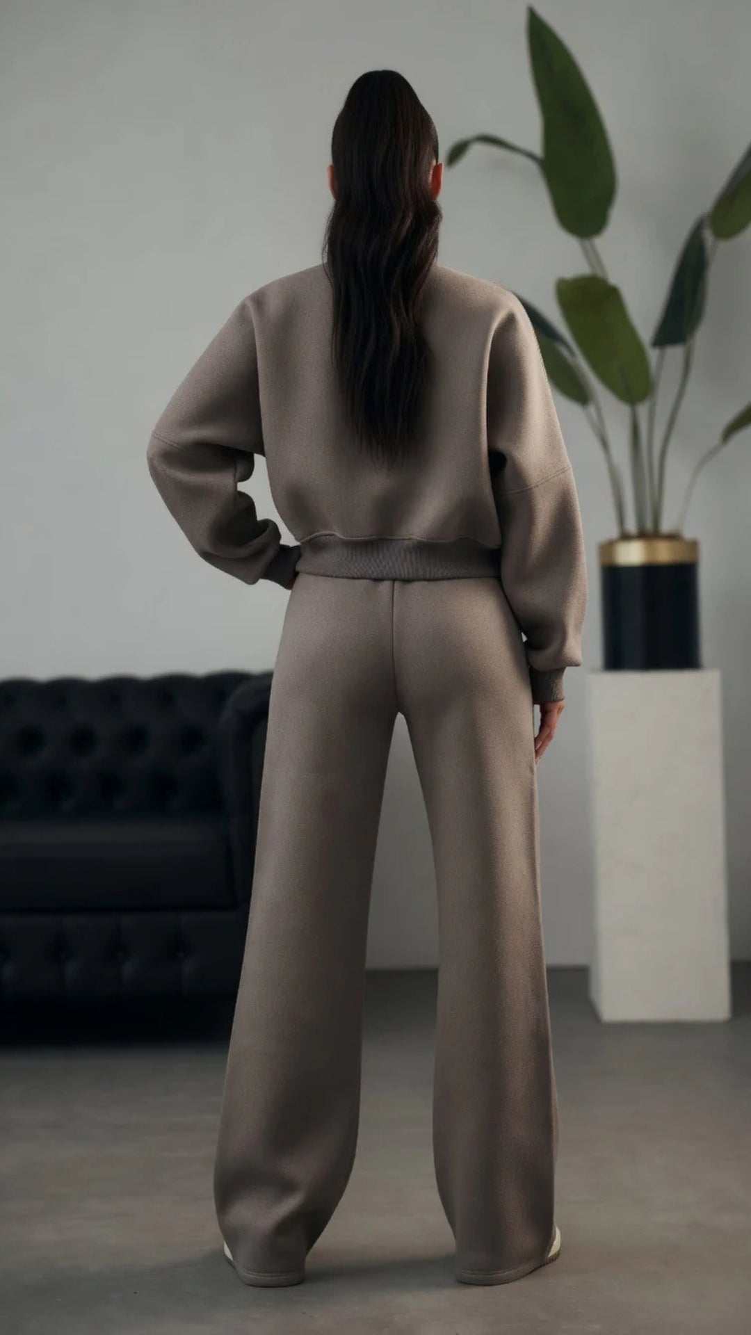 Bomber Zip-Up Cropped Sweatshirt &amp; Wide Leg Trousers Set