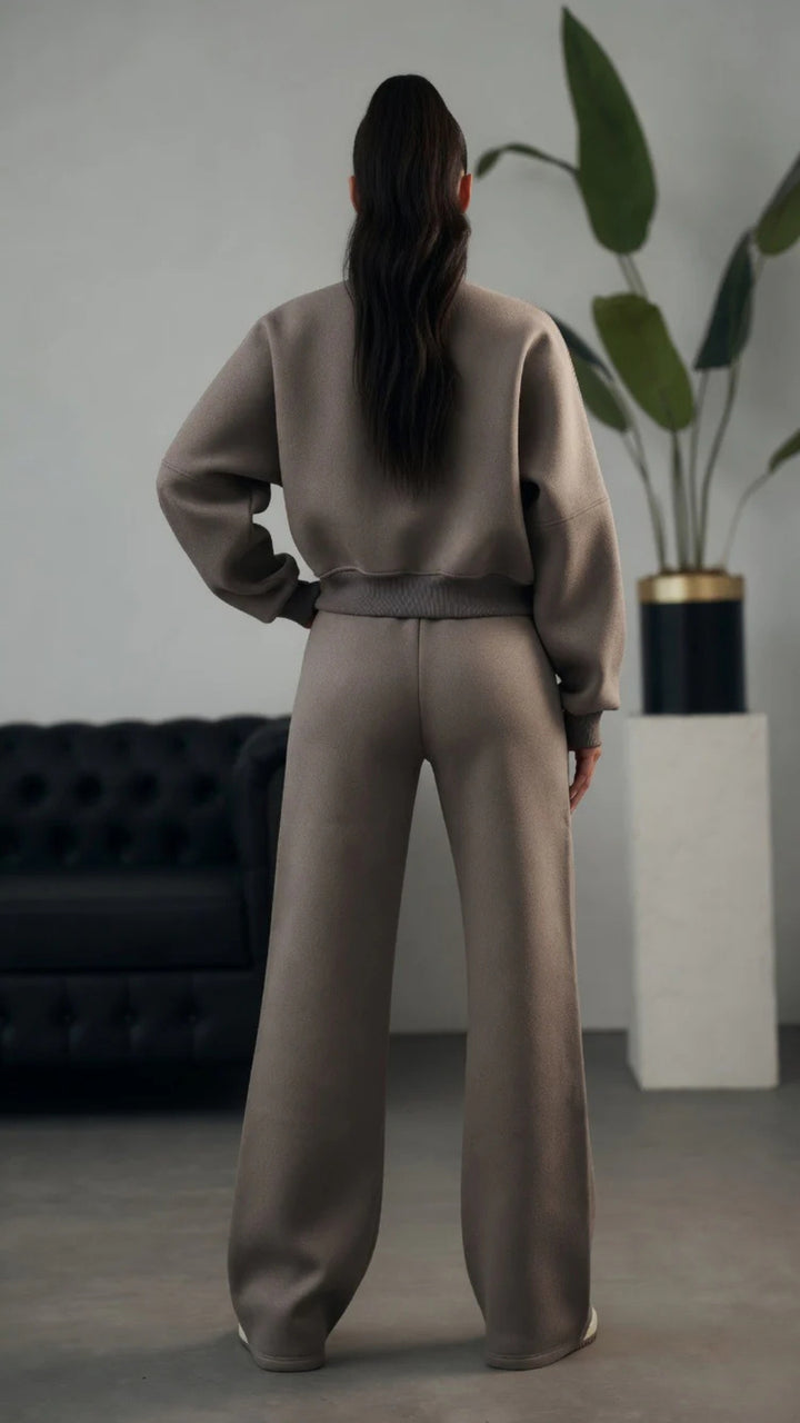 Bomber Zip-Up Cropped Sweatshirt &amp; Wide Leg Trousers Set