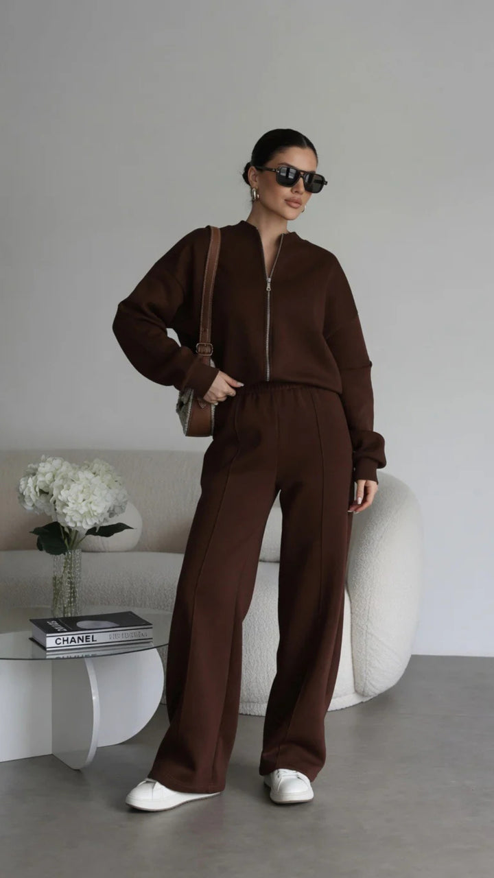 Bomber Zip-Up Cropped Sweatshirt &amp; Wide Leg Trousers Set