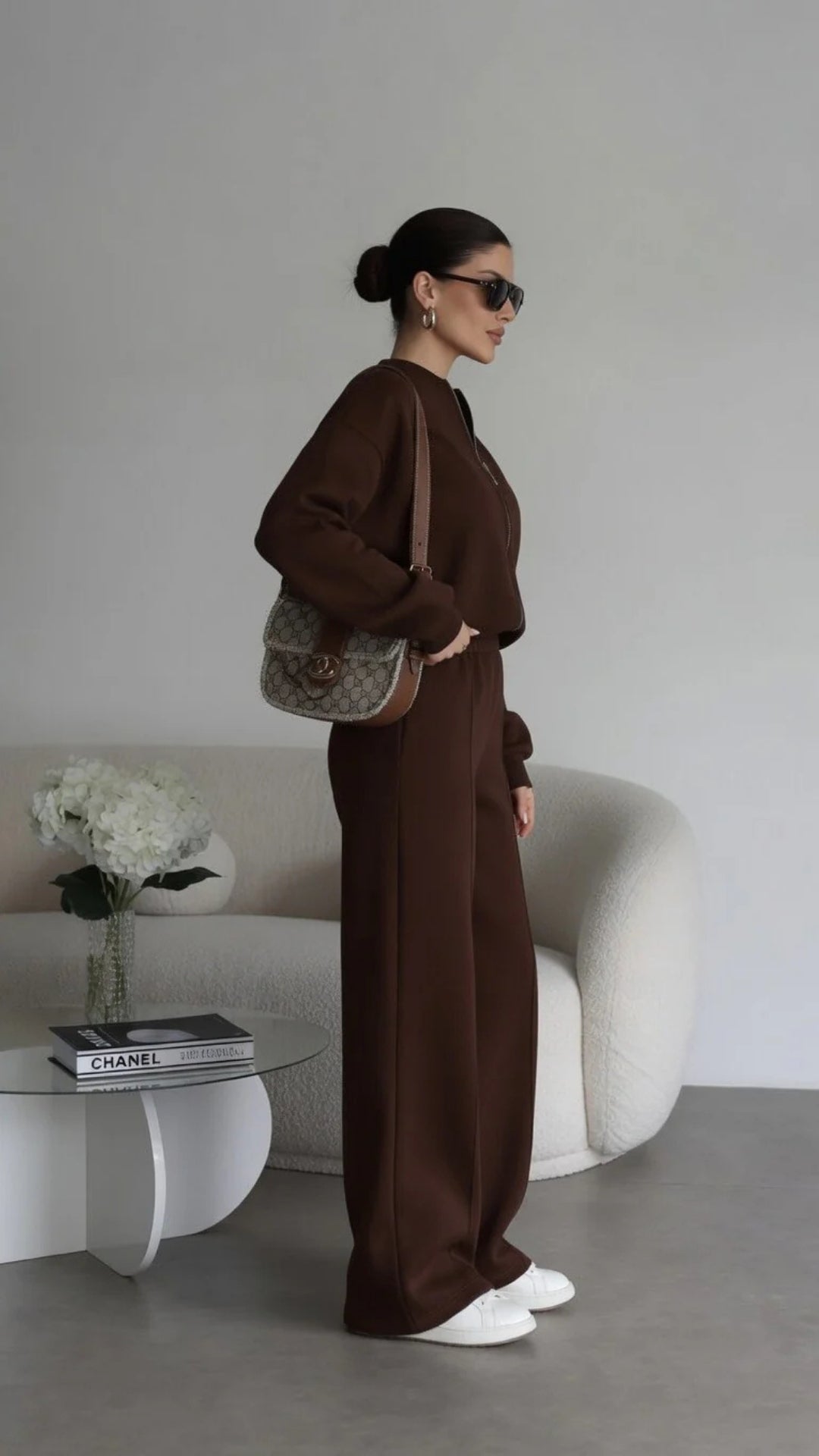 Bomber Zip-Up Cropped Sweatshirt &amp; Wide Leg Trousers Set