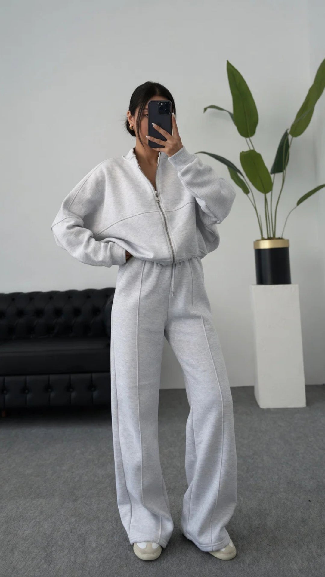 Bomber Zip-Up Cropped Sweatshirt &amp; Wide Leg Trousers Set