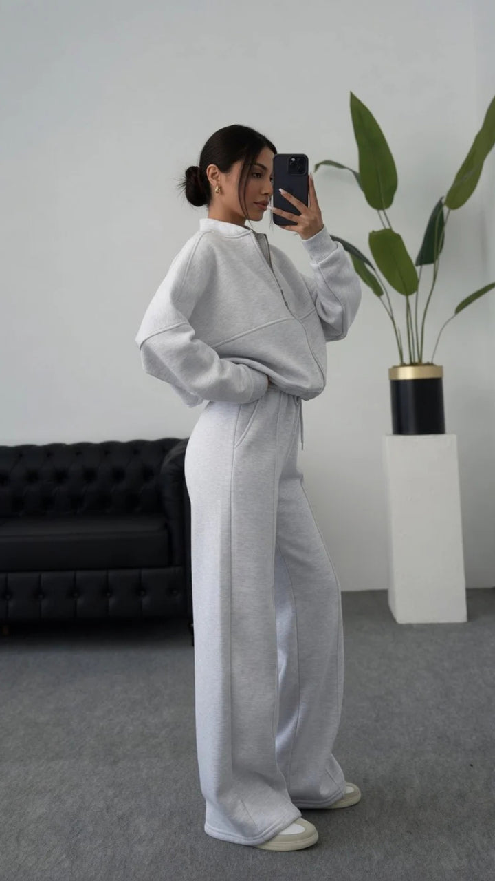 Bomber Zip-Up Cropped Sweatshirt &amp; Wide Leg Trousers Set