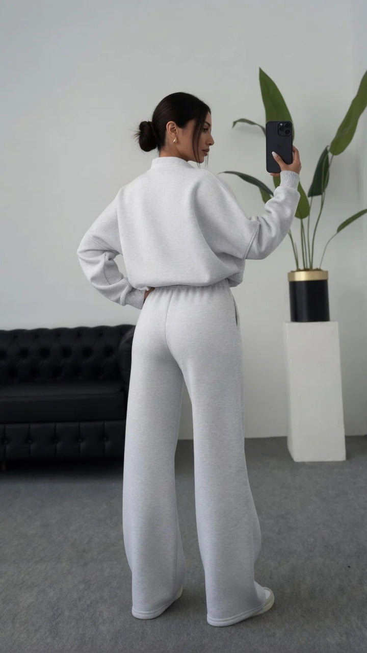 Bomber Zip-Up Cropped Sweatshirt &amp; Wide Leg Trousers Set