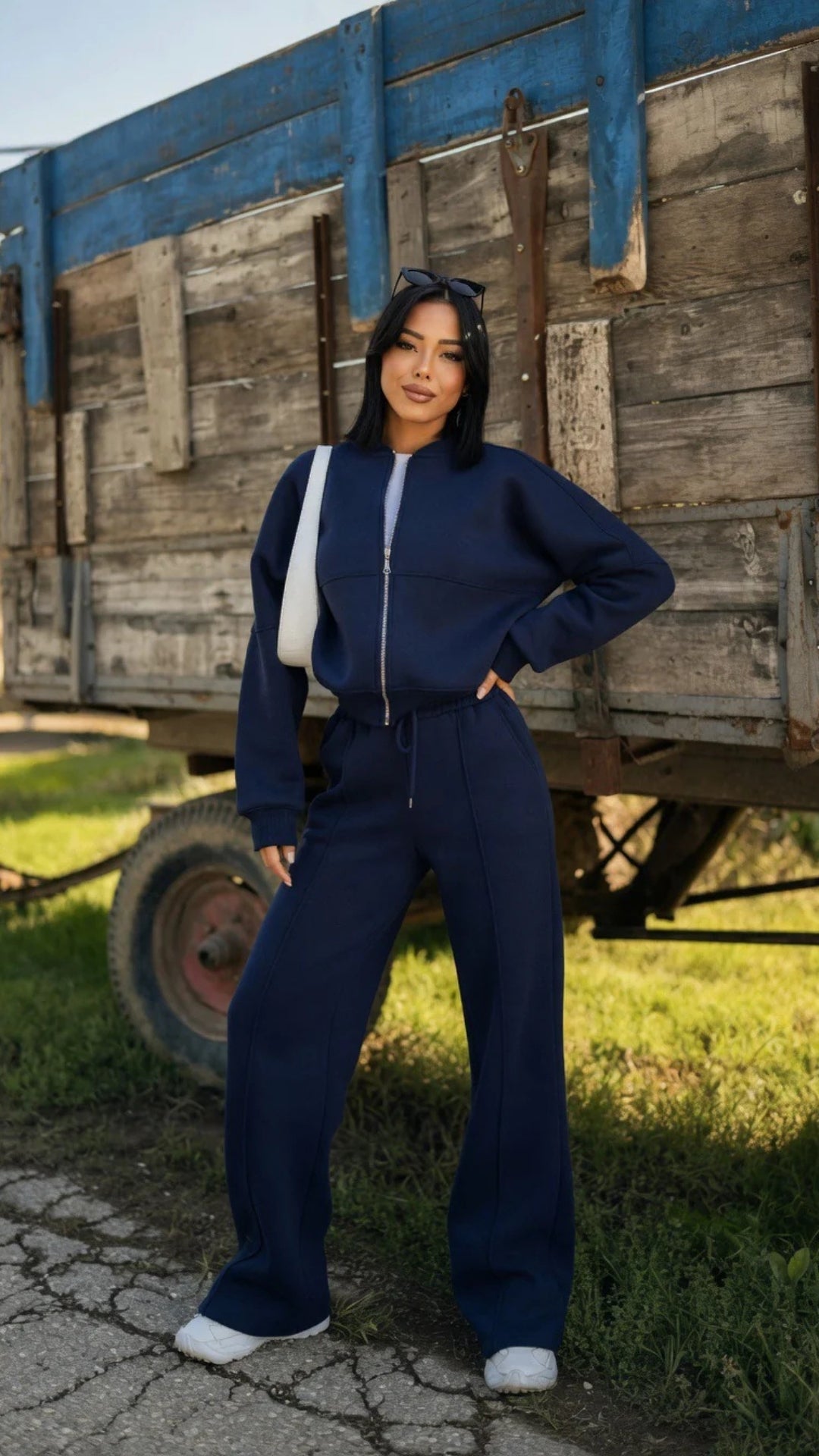 Bomber Zip-Up Cropped Sweatshirt &amp; Wide Leg Trousers Set