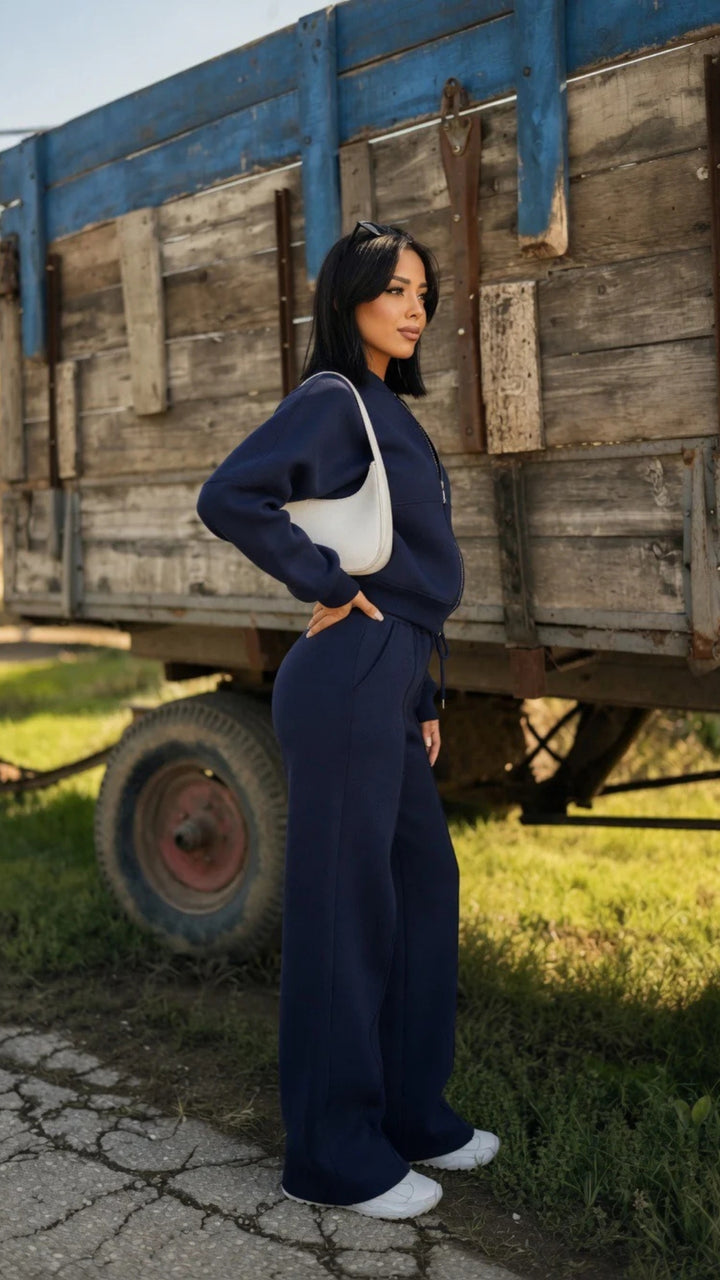 Bomber Zip-Up Cropped Sweatshirt &amp; Wide Leg Trousers Set