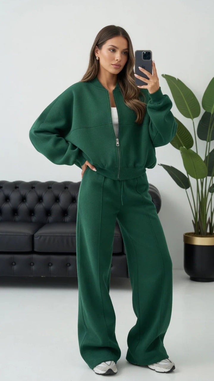 Bomber Zip-Up Cropped Sweatshirt &amp; Wide Leg Trousers Set