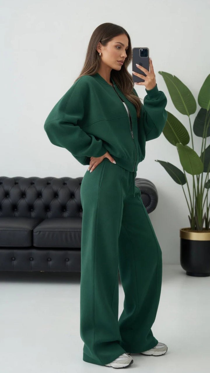Bomber Zip-Up Cropped Sweatshirt &amp; Wide Leg Trousers Set