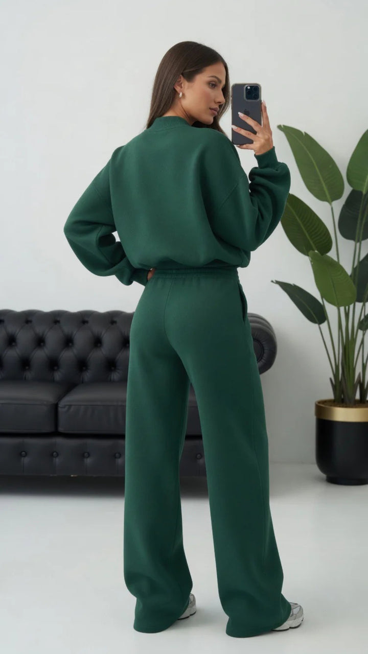 Bomber Zip-Up Cropped Sweatshirt &amp; Wide Leg Trousers Set