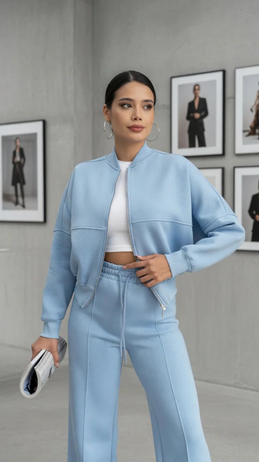 Bomber Zip-Up Cropped Sweatshirt &amp; Wide Leg Trousers Set