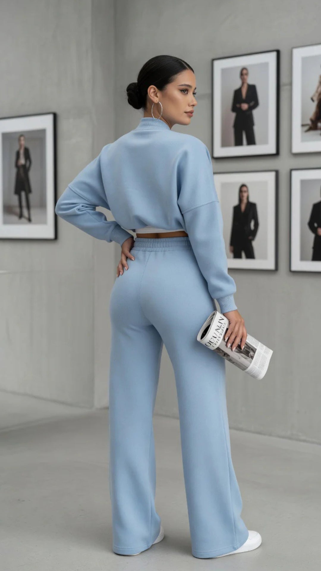 Bomber Zip-Up Cropped Sweatshirt &amp; Wide Leg Trousers Set