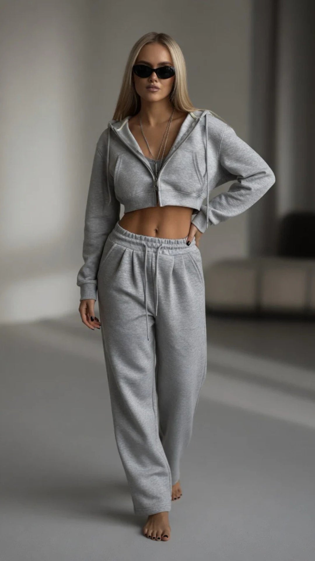 Cropped Zip-Up Hoodie &amp; Wide Leg Sweatpants Set