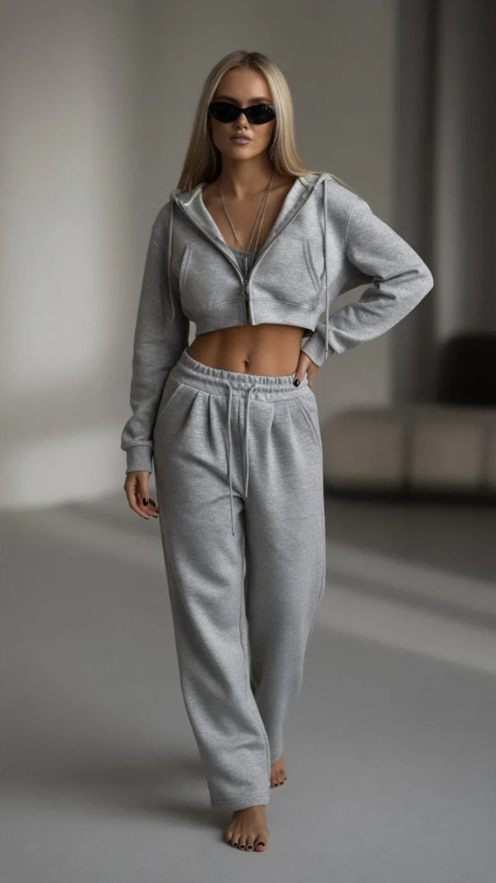 Cropped Zip-Up Hoodie &amp; Wide Leg Sweatpants Set