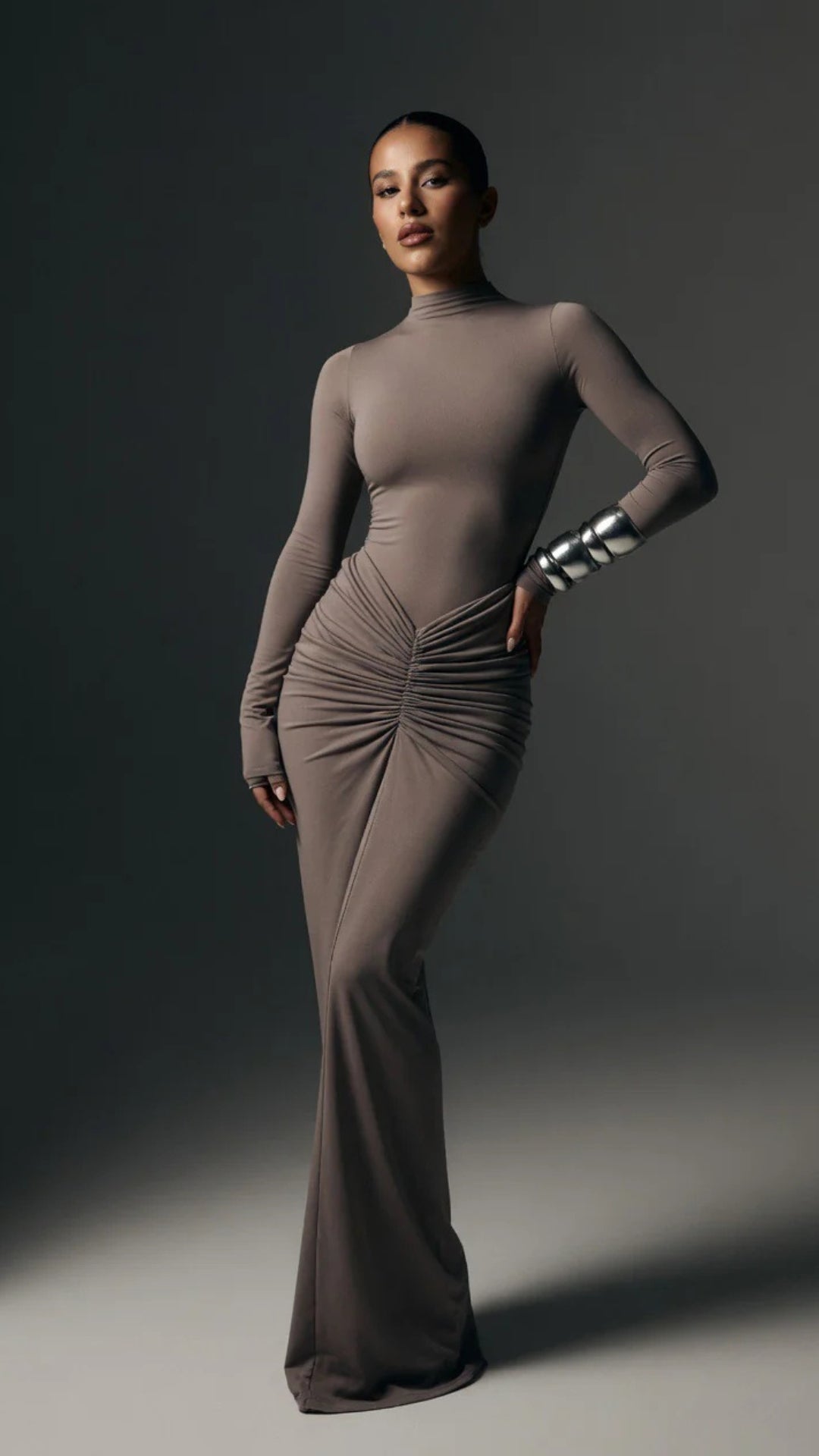 High-Neck Long-Sleeve Maxi Dress