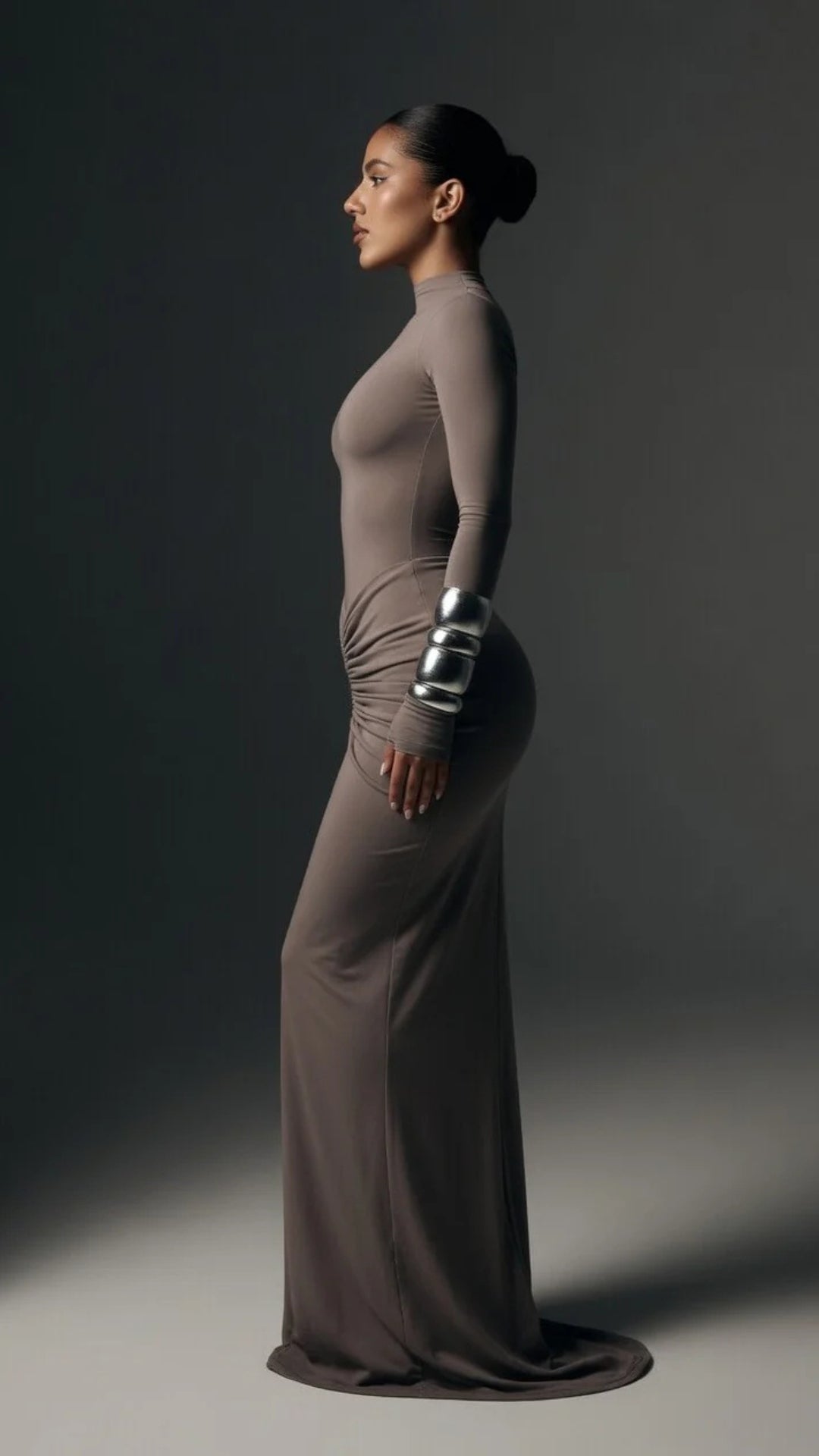 High-Neck Long-Sleeve Maxi Dress