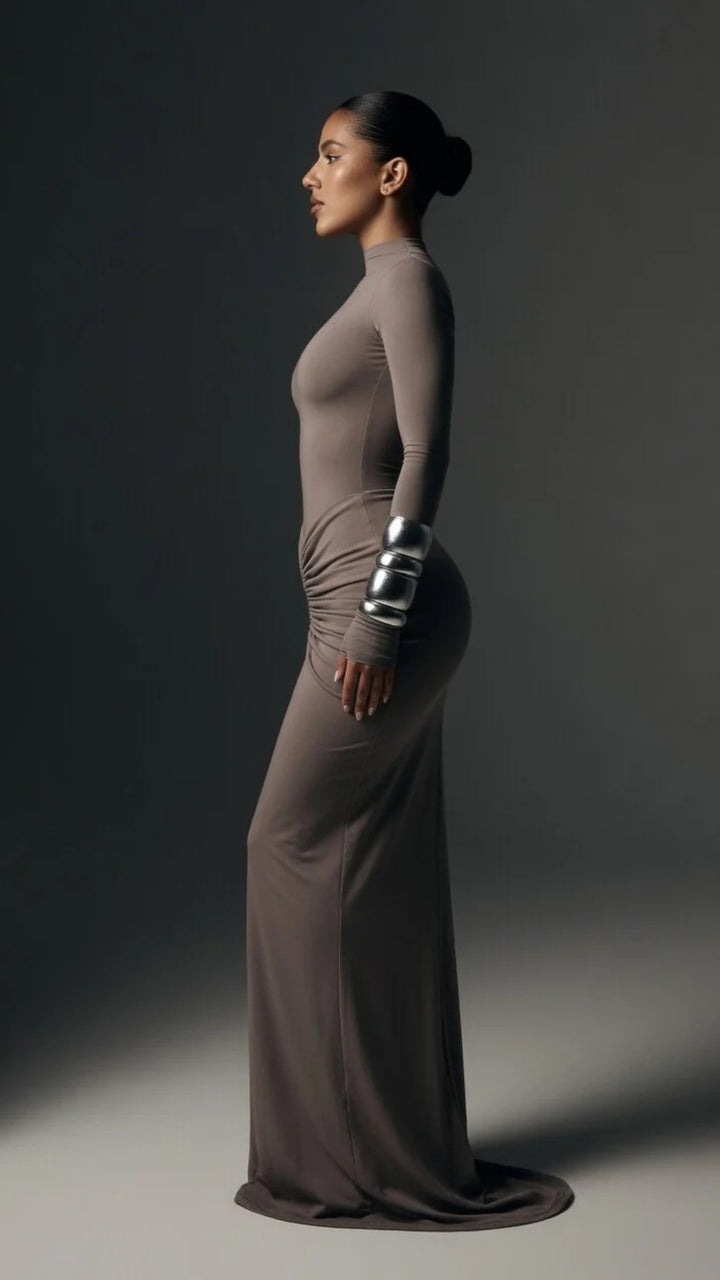 High-Neck Long-Sleeve Maxi Dress