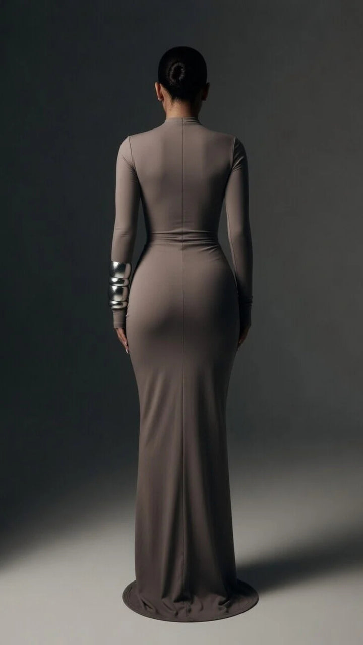 High-Neck Long-Sleeve Maxi Dress
