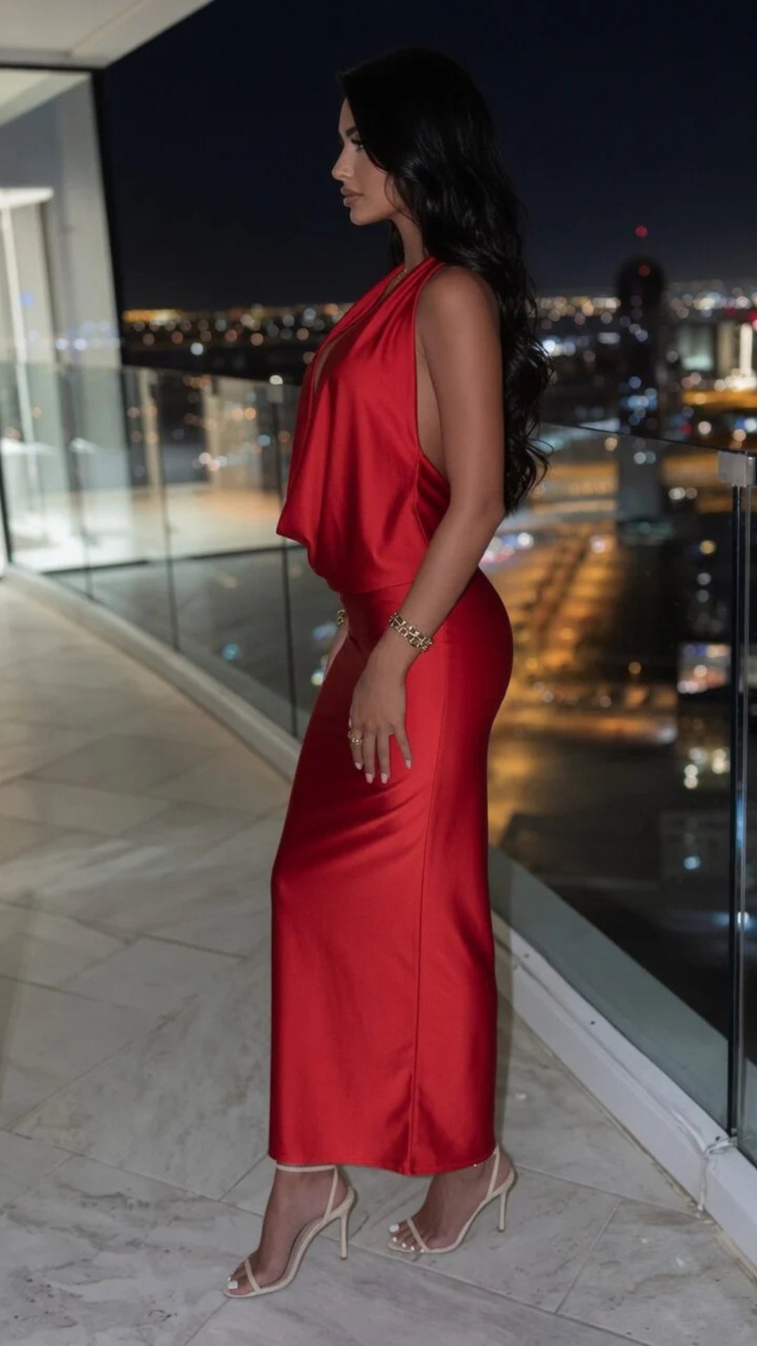 Satin Cowl-Neck Midi Dress