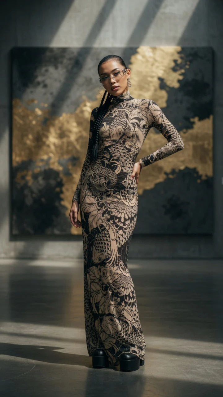 Mesh Long Sleeve Maxi Dress