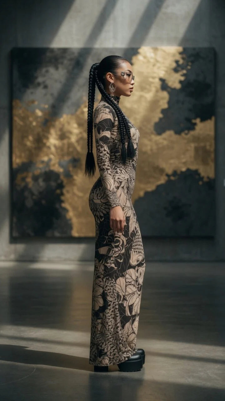 Mesh Long Sleeve Maxi Dress