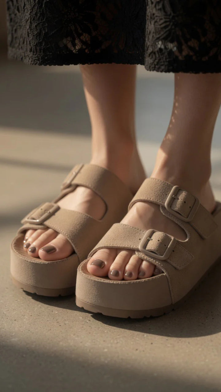 Suede Belt Buckle Slippers
