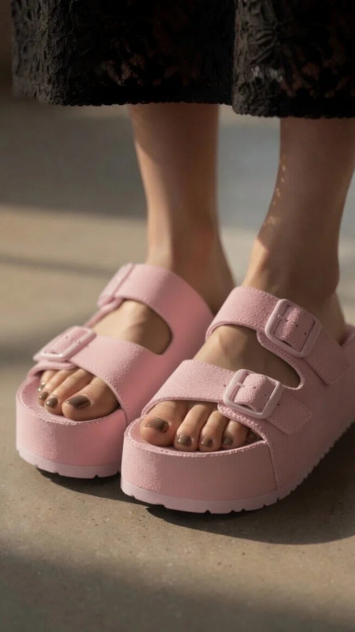 Suede Belt Buckle Slippers