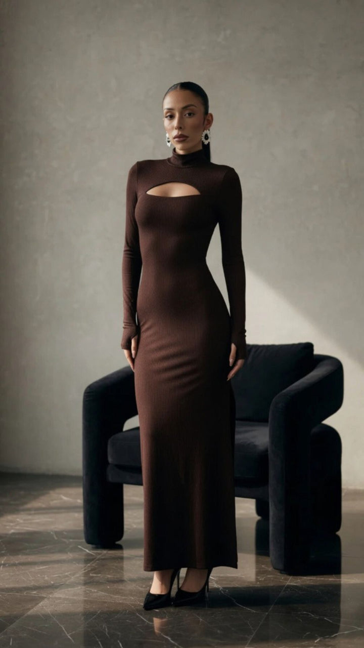 High-Neck Long Sleeve Slit Maxi Dress