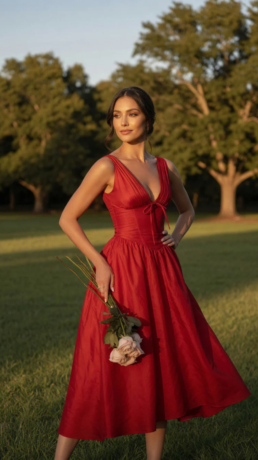 Deep V-Neck Corset Midi Dress