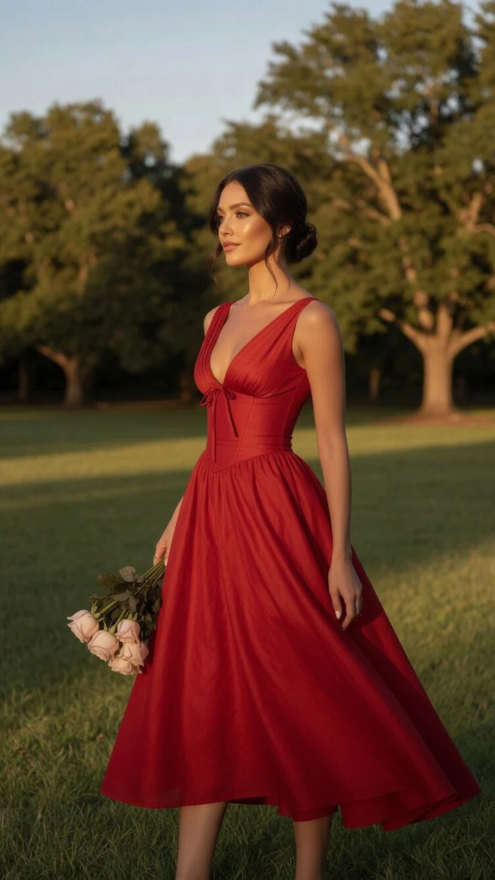 Deep V-Neck Corset Midi Dress
