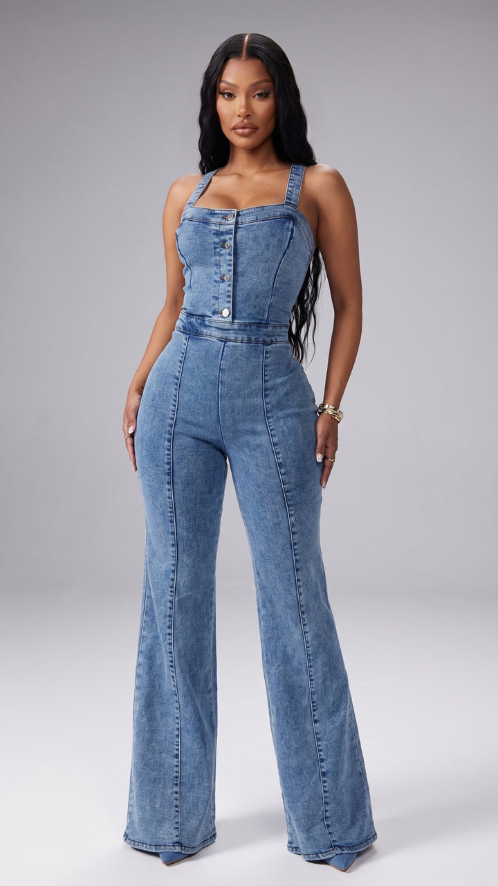 Denim Square Neck Button Front Wide Leg Jumpsuit