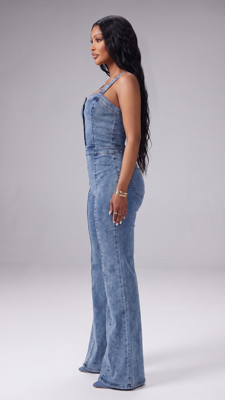 Denim Square Neck Button Front Wide Leg Jumpsuit