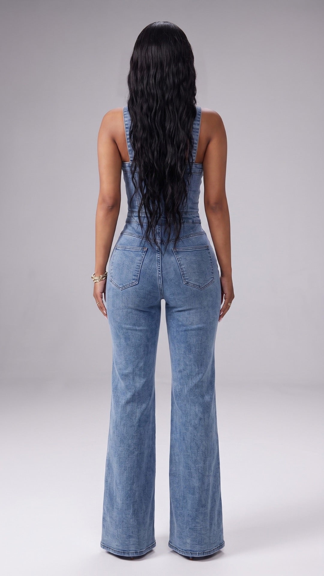 Denim Square Neck Button Front Wide Leg Jumpsuit