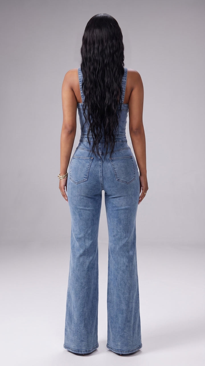 Denim Square Neck Button Front Wide Leg Jumpsuit