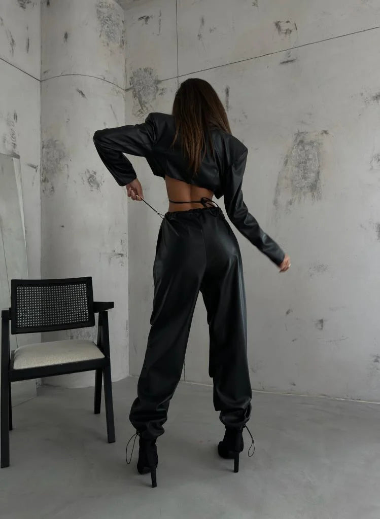 Elastic leather pants clearance